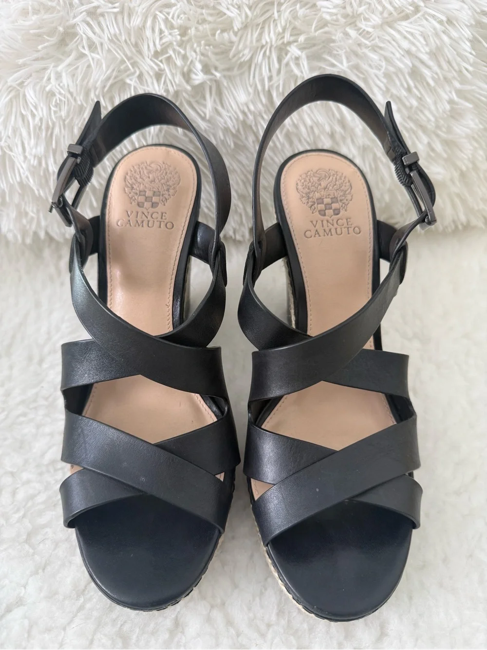 Vince Camuto Black Leather Crisscross Espadrille Wedge Sandals